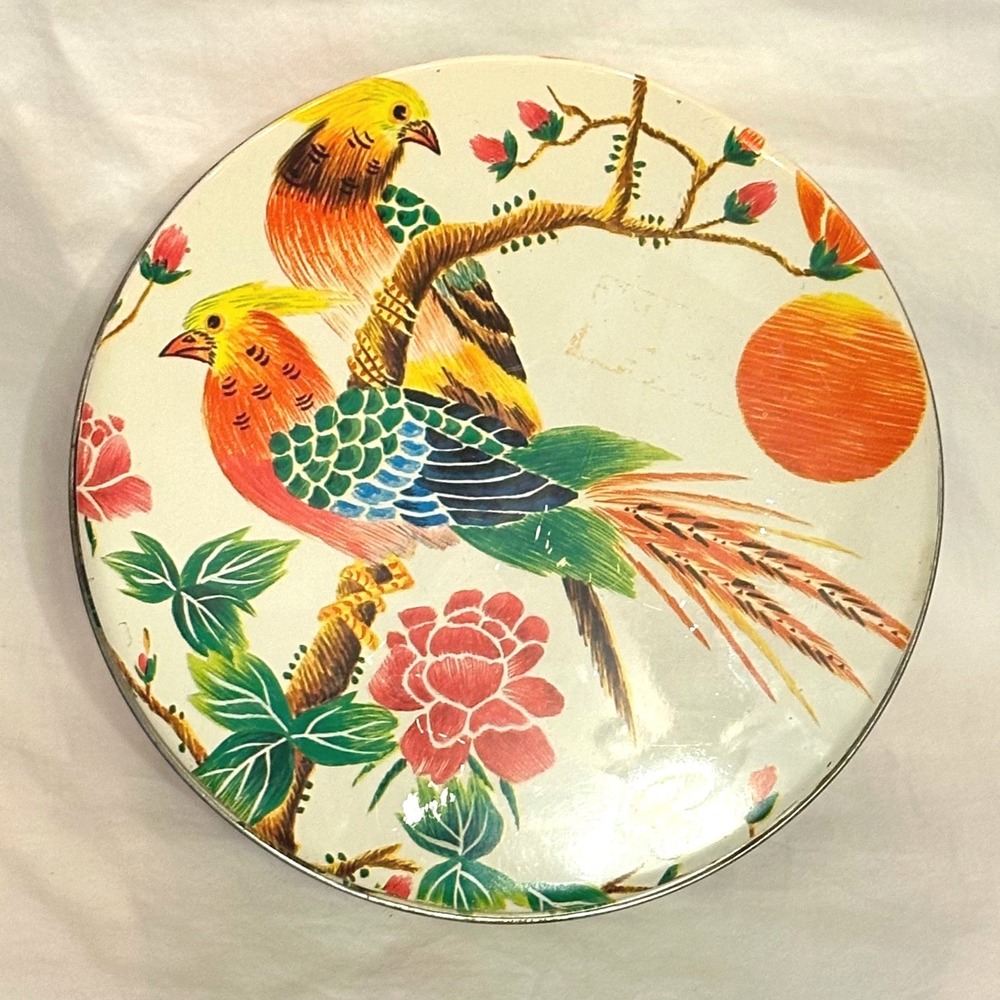 Barton's Bonbonniere Chocolate Tin Vintage Round Cream Bird Floral  Good MCM